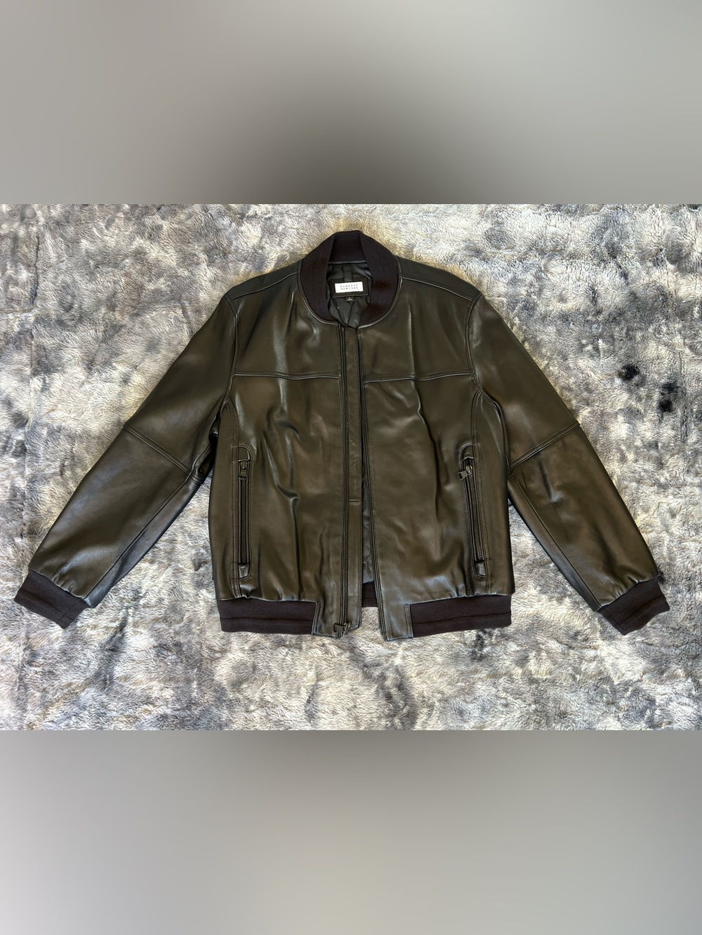 Barneys New York Genuine Leather Quilted Minimalist Bomber Jacket Black L